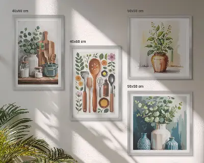 Ensemble de 4 tableaux motifs d'accessoires de cuisine à base de plantes