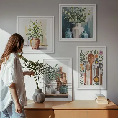 Ensemble de 4 tableaux motifs d'accessoires de cuisine à base de plantes