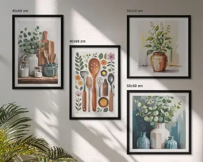 Ensemble de 4 tableaux motifs d'accessoires de cuisine à base de plantes