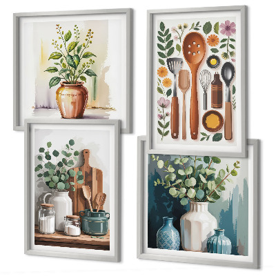 Ensemble de 4 tableaux Accessoires de cuisine à base de plantes