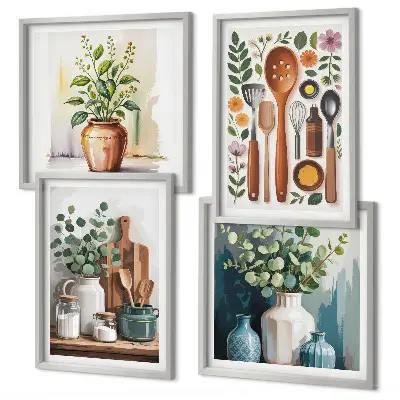 Ensemble de 4 tableaux motifs d'accessoires de cuisine à base de plantes