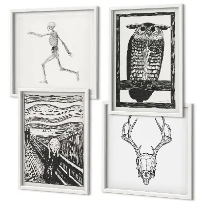 Mur de tableaux inspiration crâne de hibou