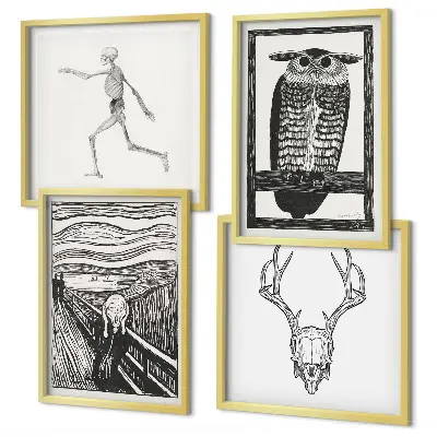 Mur de tableaux inspiration crâne de hibou