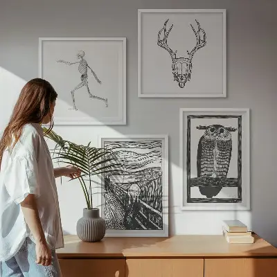 Mur de tableaux inspiration crâne de hibou