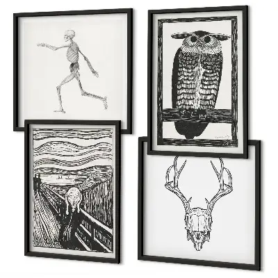 Mur de tableaux inspiration crâne de hibou