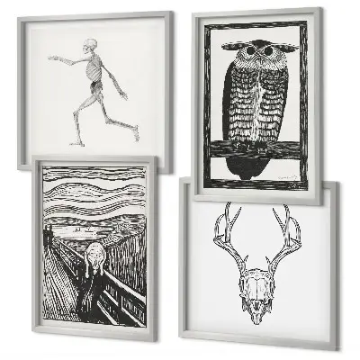 Mur de tableaux inspiration crâne de hibou