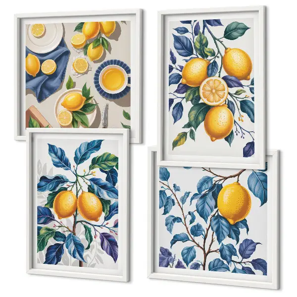 Ensemble de 4 tableaux branches de citronnier aux feuilles bleues