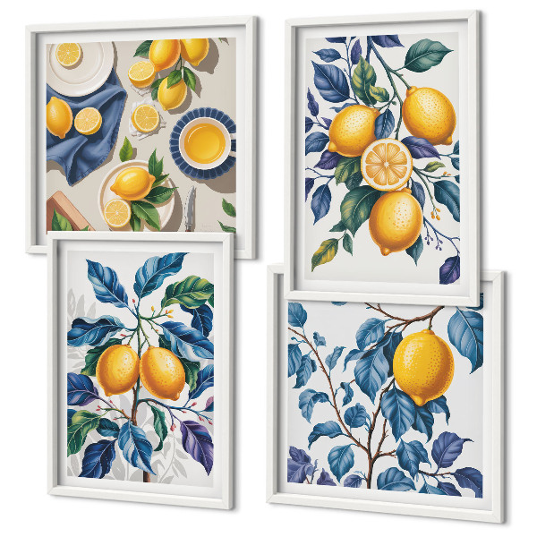 Ensemble de 4 tableaux Branches de citronnier feuilles bleues