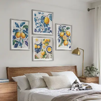 Ensemble de 4 tableaux branches de citronnier aux feuilles bleues