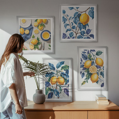 Ensemble de 4 tableaux Branches de citronnier feuilles bleues