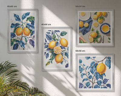 Ensemble de 4 tableaux Branches de citronnier feuilles bleues