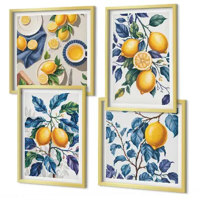 Ensemble de 4 tableaux branches de citronnier aux feuilles bleues