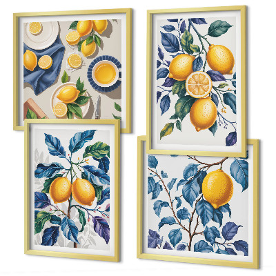 Ensemble de 4 tableaux Branches de citronnier feuilles bleues