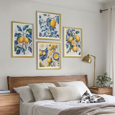 Ensemble de 4 tableaux Branches de citronnier feuilles bleues