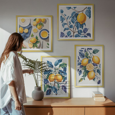 Ensemble de 4 tableaux Branches de citronnier feuilles bleues