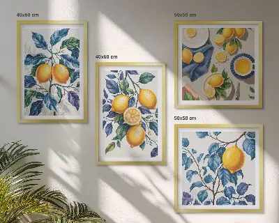 Ensemble de 4 tableaux branches de citronnier aux feuilles bleues