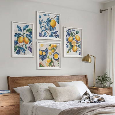 Ensemble de 4 tableaux Branches de citronnier feuilles bleues