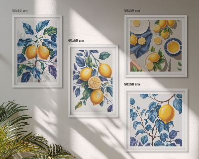 Ensemble de 4 tableaux Branches de citronnier feuilles bleues