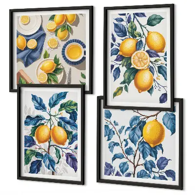 Ensemble de 4 tableaux branches de citronnier aux feuilles bleues