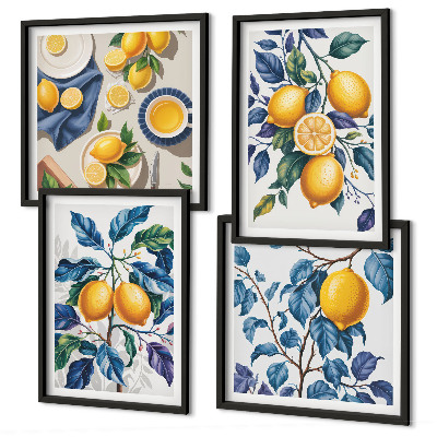 Ensemble de 4 tableaux Branches de citronnier feuilles bleues