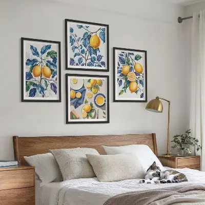 Ensemble de 4 tableaux branches de citronnier aux feuilles bleues