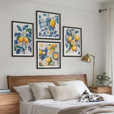 Ensemble de 4 tableaux Branches de citronnier feuilles bleues