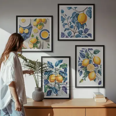 Ensemble de 4 tableaux branches de citronnier aux feuilles bleues