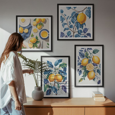 Ensemble de 4 tableaux Branches de citronnier feuilles bleues