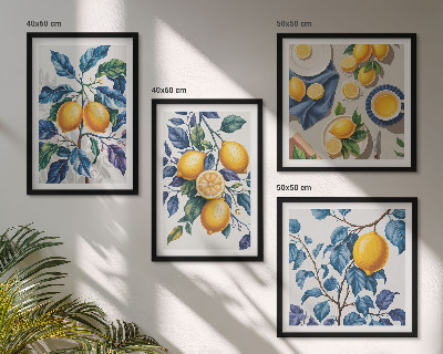 Ensemble de 4 tableaux Branches de citronnier feuilles bleues
