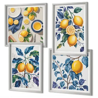 Ensemble de 4 tableaux branches de citronnier aux feuilles bleues