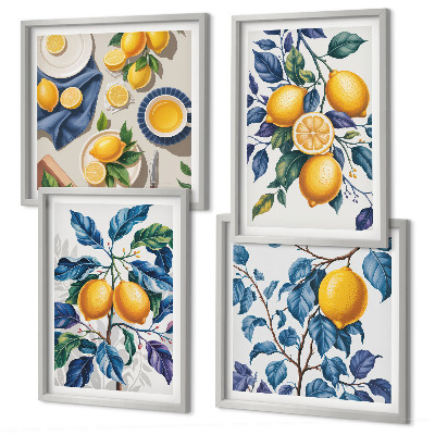 Ensemble de 4 tableaux Branches de citronnier feuilles bleues