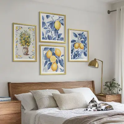Mur de tableaux branches de citronnier à feuilles bleues