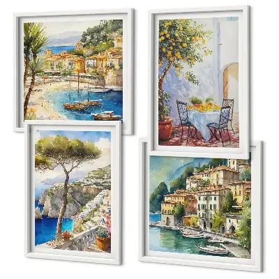 Ensemble de 4 tableaux représentant des villes italiennes à l'aquarelle