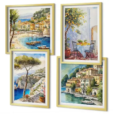 Ensemble de 4 tableaux représentant des villes italiennes à l'aquarelle