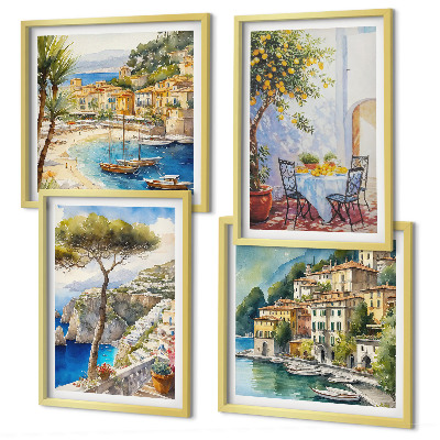 Ensemble de 4 tableaux Villes italiennes à l'aquarelle