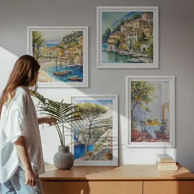 Ensemble de 4 tableaux représentant des villes italiennes à l'aquarelle