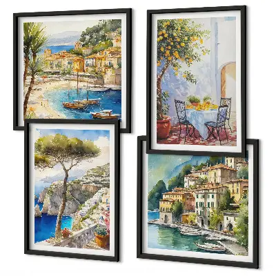 Ensemble de 4 tableaux représentant des villes italiennes à l'aquarelle