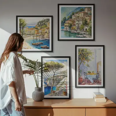 Ensemble de 4 tableaux représentant des villes italiennes à l'aquarelle