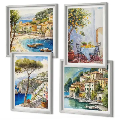 Ensemble de 4 tableaux représentant des villes italiennes à l'aquarelle