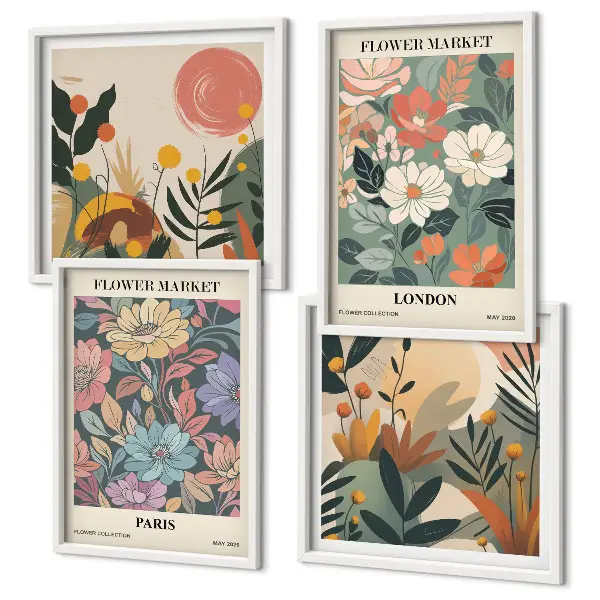 Ensemble de 4 affiches florales thème Paris et Londres