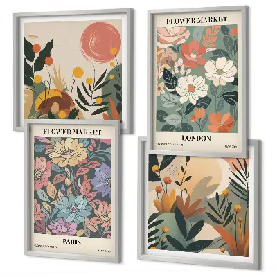 Ensemble de 4 affiches florales thème Paris et Londres