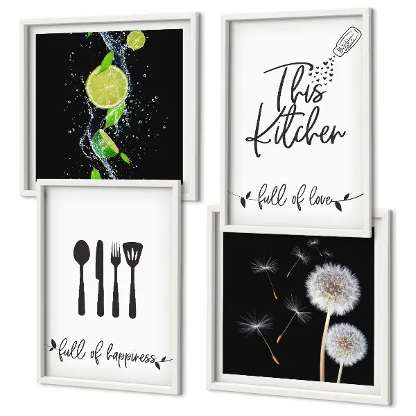 Mur de tableaux avec inscriptions de cuisine en forme de pissenlit