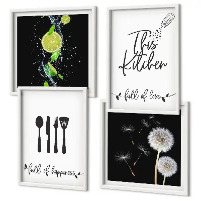 Mur de tableaux avec inscriptions de cuisine en forme de pissenlit