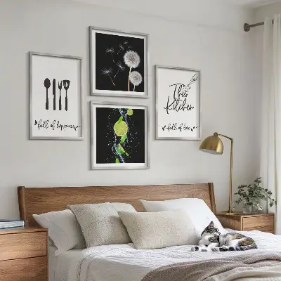 Mur de tableaux avec inscriptions de cuisine en forme de pissenlit