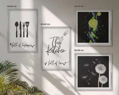 Mur de tableaux avec inscriptions de cuisine en forme de pissenlit