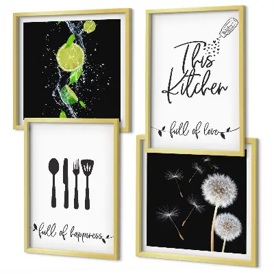 Mur de tableaux avec inscriptions de cuisine en forme de pissenlit
