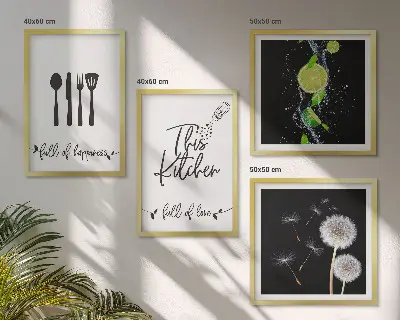 Mur de tableaux avec inscriptions de cuisine en forme de pissenlit