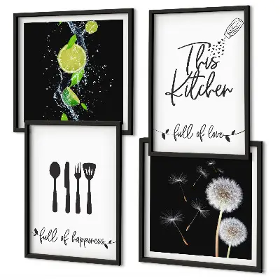 Mur de tableaux avec inscriptions de cuisine en forme de pissenlit