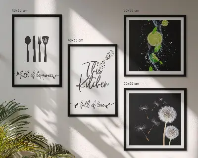 Mur de tableaux avec inscriptions de cuisine en forme de pissenlit