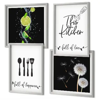Mur de tableaux avec inscriptions de cuisine en forme de pissenlit